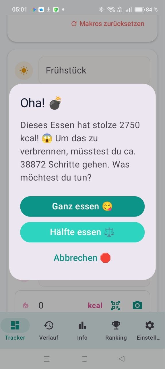 1.000+ kcal Kalorien-Alarm Bildschirm