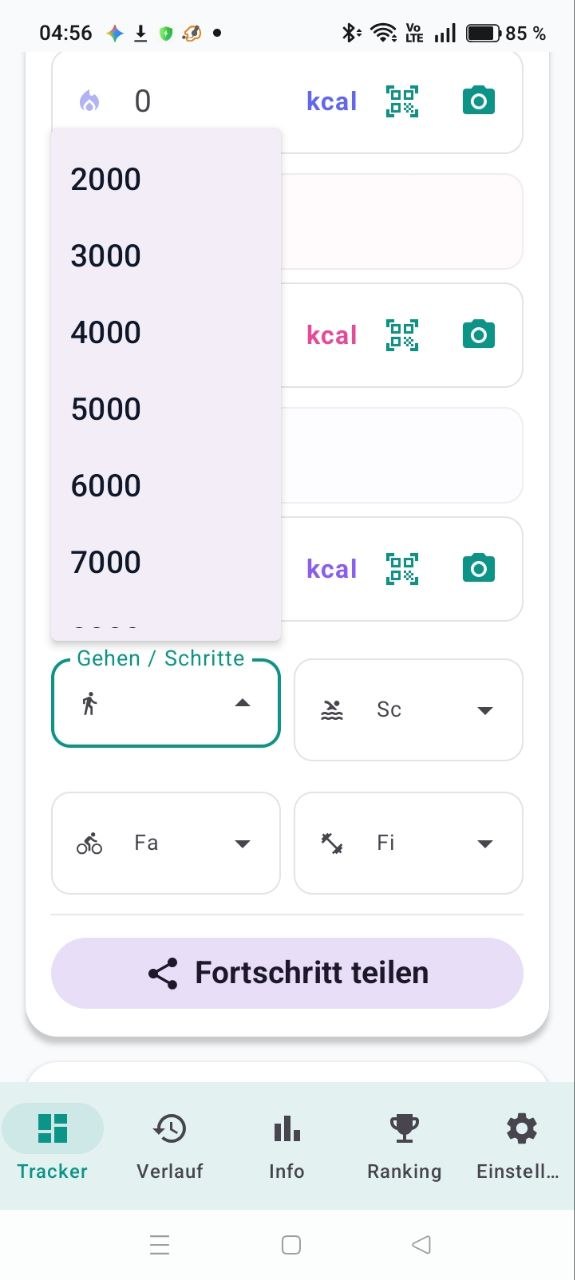 Schritt und Sport Kalorien Bildschirm